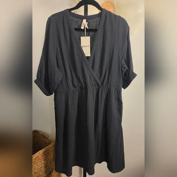 Pact | Dresses | Nwt Pact Greyblue Faux Wrap Dress Size L 0 Organic Cotton  | Poshmark